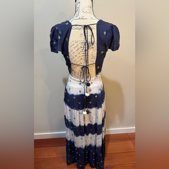 GOA‎ Paris Blue & White Asymmetric Hem V Neck Midi Dress Floaty Fairycore Sz M - Picture 4 of 14